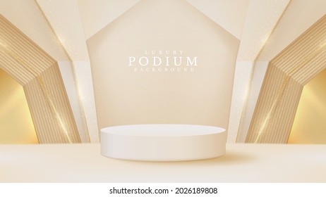 White podium display product and sparkle golden line scene, Realistic 3d luxury style background, vector illustration for promoting sales and marketing.