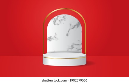 White podium display stage decorated with marble wall on red background. Realistic vector modern design.