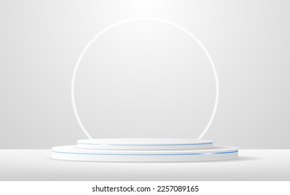 podio blanco con elegantes líneas azules junto con una brillante línea circular blanca en la parte posterior para la presentación del producto. Presentación de productos cosméticos. Etapa o podio. ilustración vectorial