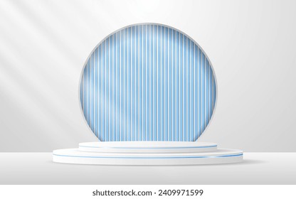 White podium with elegant blue lines and a blue slatted backdrop set in a circular window for displaying advertisements. Display of cosmetic products. Stage or podium. vector illustration	