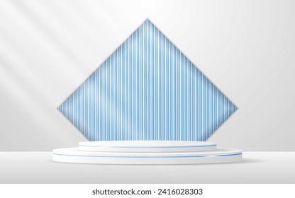 Podio blanco con elegantes líneas azules y fondo de pizarra azul en una ventana cuadrada para mostrar anuncios. Presentación de productos cosméticos. Etapa o podio. ilustración vectorial	