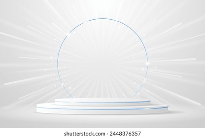 Podio blanco con elegantes líneas azules para los mejores premios o exhibición de productos. escenario o podio. Ilustración vectorial