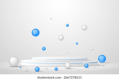 Podio blanco con elegantes líneas azules con bolas blancas y azules a su alrededor para mostrar anuncios. Exhibición cosmética del producto. Etapa o podio. Ilustración vectorial	