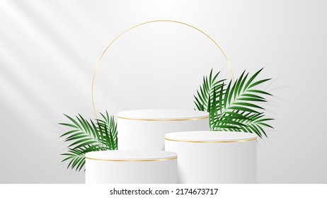 Weißes Podium mit eleganten goldenen Linien und grüne Blätter auf der Rückseite zur Produktpräsentation. Kosmetische Produktanzeige. Vektorgrafik
