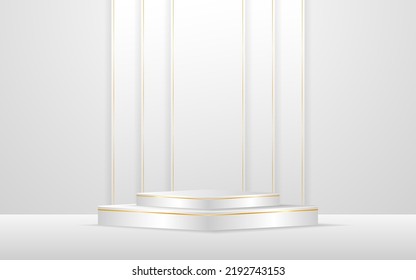 White podium with elegant gold lines on the back for product presentation. Cosmetic product display. vector illustration	