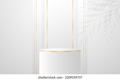 Podio blanco con elegantes líneas doradas en la parte posterior para la presentación del producto. Presentación de productos cosméticos. ilustración vectorial

