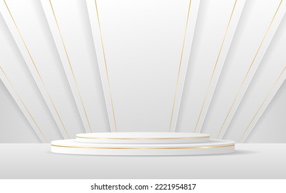 White podium with elegant gold lines on the back for product presentation. Cosmetic product display. vector illustration
