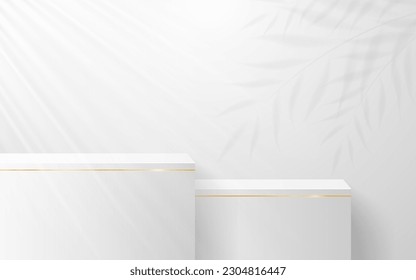 White podium with elegant gold lines and leaf shadows on the back for product presentation. Cosmetic product display. Stage or podium. vector illustration
