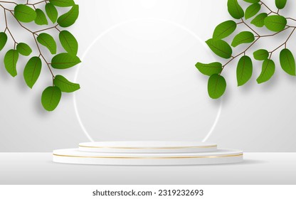 White podium with elegant gold lines and green leaves on the back for product presentation. Cosmetic product display. vector illustration	