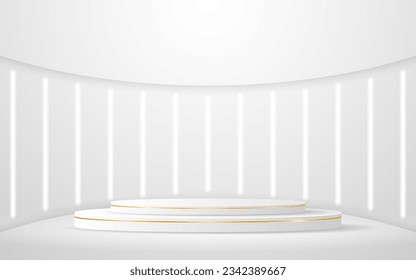 White podium with elegant gold lines and a white neon light on the back for product presentation. Display of cosmetic products. stage or podium. vector illustration