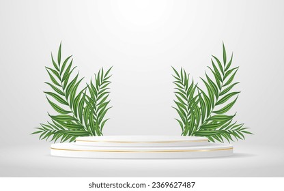White podium with elegant gold lines and green leaves on the back for product presentation. Cosmetic product display. vector illustration	