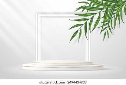 White podium with elegant gold lines with white photo frame and green leaves on the back for product presentation. Stage or podium. Vector illustration
