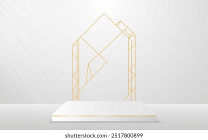 Pódio branco com linhas de ouro elegantes para os melhores prêmios ou exposição de produtos. Studio ou showroom de produtos. Estágio ou pódio. Ilustração vetorial
