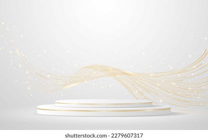 White podium with elegant gold wave lines on the back for product presentation. Display of cosmetic products. Stage or podium. vector illustration	