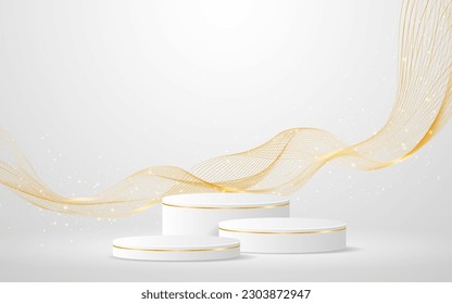 White podium with elegant gold wave lines on the back for product presentation. Display of cosmetic products. Stage or podium. vector illustration	