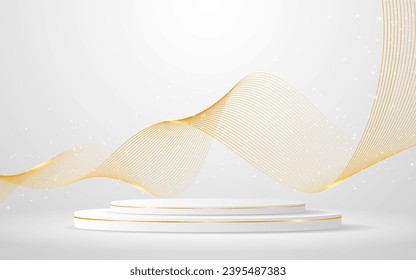 White podium with elegant gold wave lines on the back for product presentation. Display of cosmetic products. Stage or podium. vector illustration	