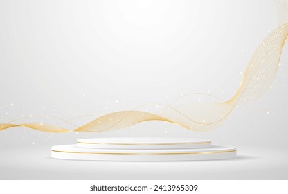 White podium with elegant gold wave lines on the back for product presentation. Display of cosmetic products. Stage or podium. vector illustration	