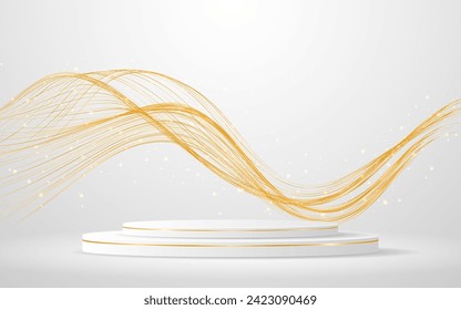 White podium with elegant gold wave lines on the back for product presentation. Display of cosmetic products. Stage or podium. vector illustration	