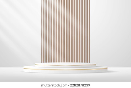 White podium with elegant golden lines with brown slatted backdrop for advertisement display. Display of cosmetic products. stage or podium. vector illustration
