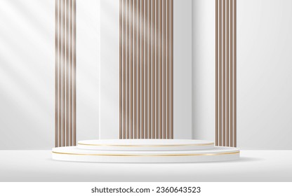 White podium with elegant golden lines with brown slatted backdrop for advertisement display. Display of cosmetic products. stage or podium. vector illustration	