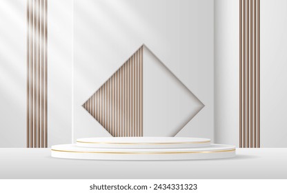 White podium with elegant golden lines with brown slatted backdrop for advertisement display. Display of cosmetic products. stage or podium. vector illustration
