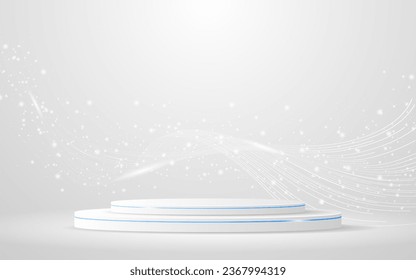 White podium with elegant white wave lines on the back for product presentation. Display of cosmetic products. Stage or podium. vector illustration	