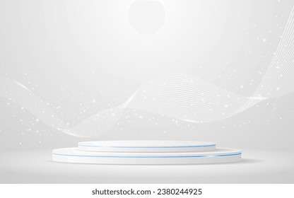 White podium with elegant white wave lines on the back for product presentation. Display of cosmetic products. Stage or podium. vector illustration	