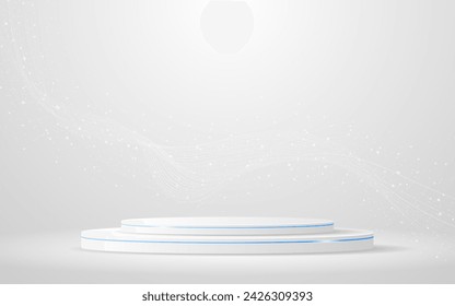 White podium with elegant white wave lines on the back for product presentation. Display of cosmetic products. Stage or podium. vector illustration	