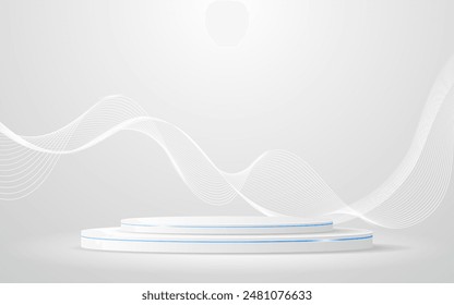 Podio blanco con elegantes líneas de onda blancas en la parte posterior para la presentación del producto. Exposición de productos cosméticos. Escenario o podio. Ilustración vectorial	