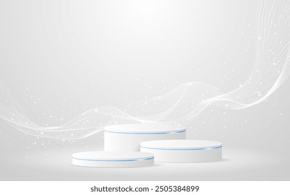 White podium with elegant white wave lines on the back for product presentation. Display of cosmetic products. Stage or podium. vector illustration	