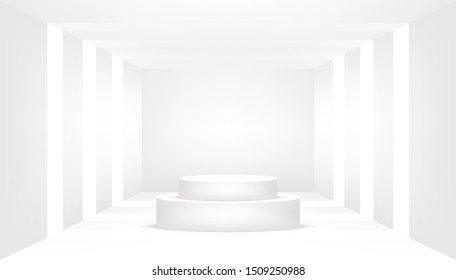 White podium in an empty white room. Empty white room.