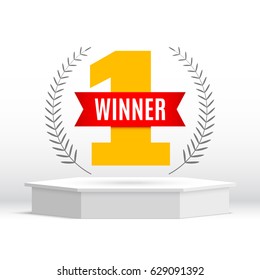 White podium. First place. Laurel wreath. Hexagonal pedestal. Vector illustration.