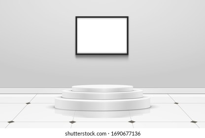 white podium and white frame in the studio room