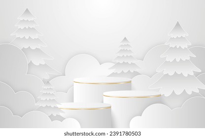 Podio blanco con líneas doradas con estilo de corte de papel de árbol de Navidad para la presentación de productos. Presentación de productos cosméticos. Etapa o podio. Ilustración del vector
