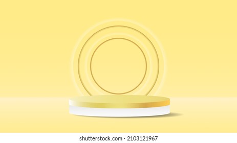 White podium with gold top on yellow background , 3D stage podium display product , stand to show cosmetic products ,illustration 3d Vector EPS 10