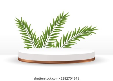 White podium with gold trim and palm leaves on a white background. 3d illustration, vector