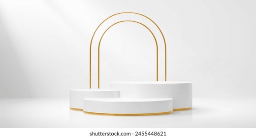 White podium with golden arch and round stages. Realistic 3d vector platform or pedestal for cosmetics product presentation. Studio display background mockup, minimalist showcase scene with gold arc