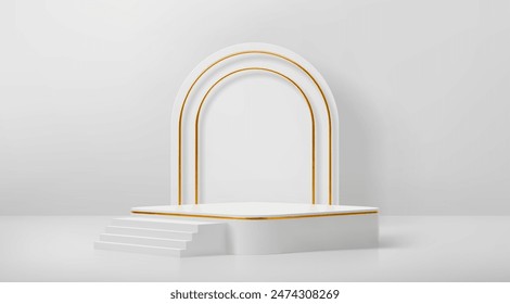 White podium with golden arch, stairs and squared base stage. Realistic 3d vector elegant display setup with scene accentuated with gold stripes and arching backdrop for showcasing cosmetic products