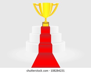 white podium with golden cup