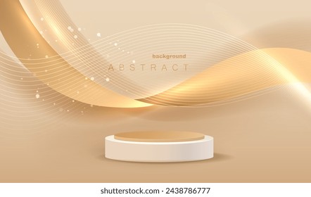 White podium with golden cylinder pedestal background. Waves gold lines geometric wall background. Light scene for display products, stage showcase design. Vector empty studio.	

