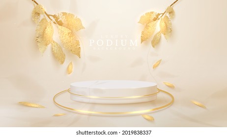 White podium with golden leaves with falling shadows, 3d style realistic luxury background, Empty space to place products or text for advertising. vector illustration.