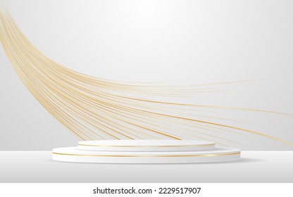 Weißes Podium mit goldenen Wellen auf der Rückseite zur Produktpräsentation. Darstellung kosmetischer Mittel. Vektorgrafik
