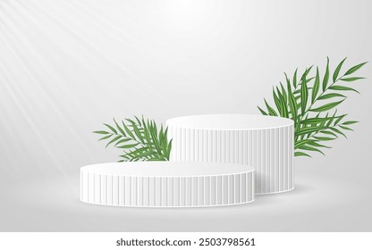 White podium with green leaves on the back for product presentation. Cosmetic product display. vector illustration	