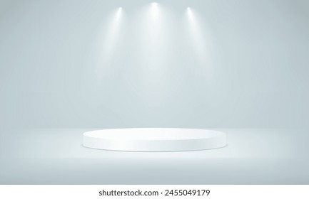 White podium in the grey room. Cylinder abstract minimal scene with geometric platform. Space for text. Space for selling products on the website. Business backdrop. Vector illustration.