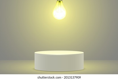 white podium with hanging light tulbs on the white background