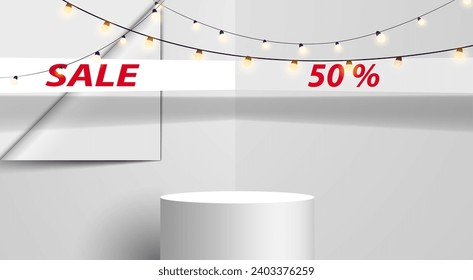 white podium and hanging neon light in white studio use as background