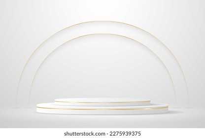 El podio blanco tiene una elegante línea dorada en la parte posterior para la presentación de productos. Presentación de productos cosméticos. estadio o podio. ilustración vectorial	