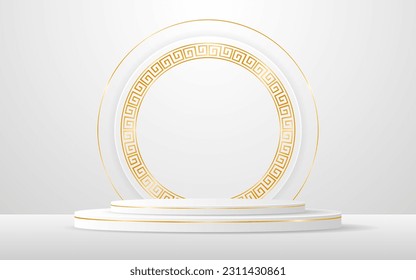 White podium has a white round shape and elegant gold lines on the back for advertisement display. Cosmetic product display. Stage or podium. vector illustration	