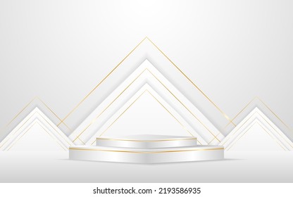 White podium has a triangle shape and gold lines on the back for product presentation. Cosmetic product display. vector illustration	