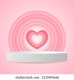 White Podium with heart  minimal background in Valentine's Day  , 3D stage podium display product , stand to show cosmetic products ,illustration 3d Vector EPS 10